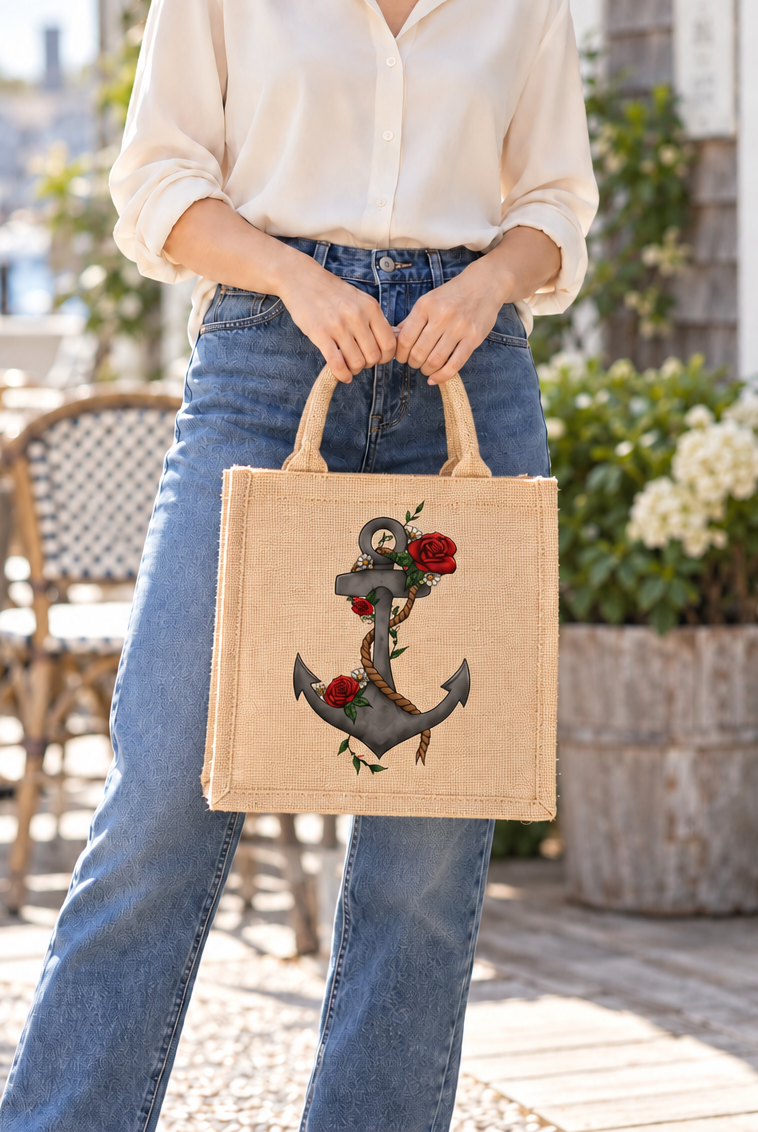 Floral Anchor Burlap Tote