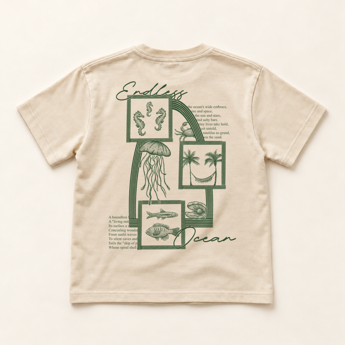 Endless Ocean kids beige T-shirt with green artwork, back view, original artwork