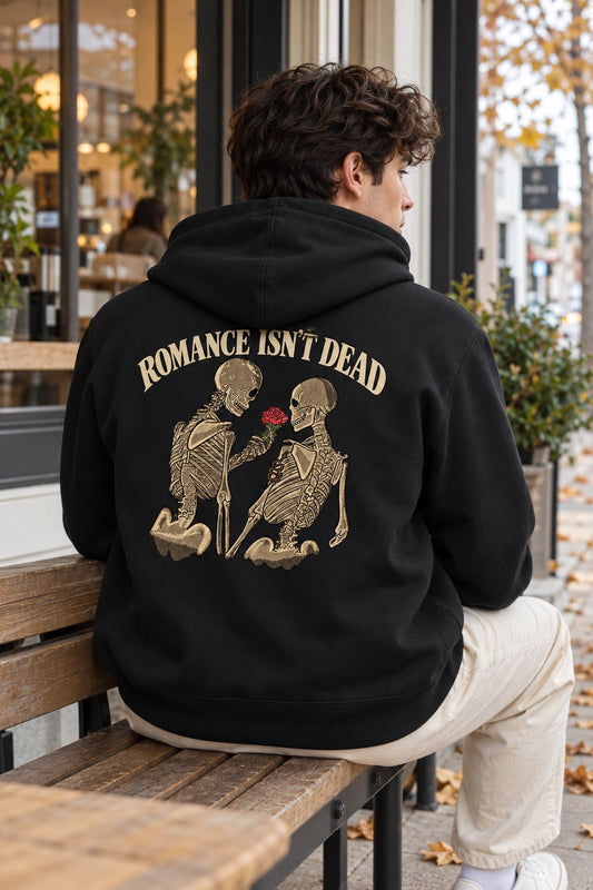 Romance Isn't Dead Black hoodie, back print with two skeletons and a red rose