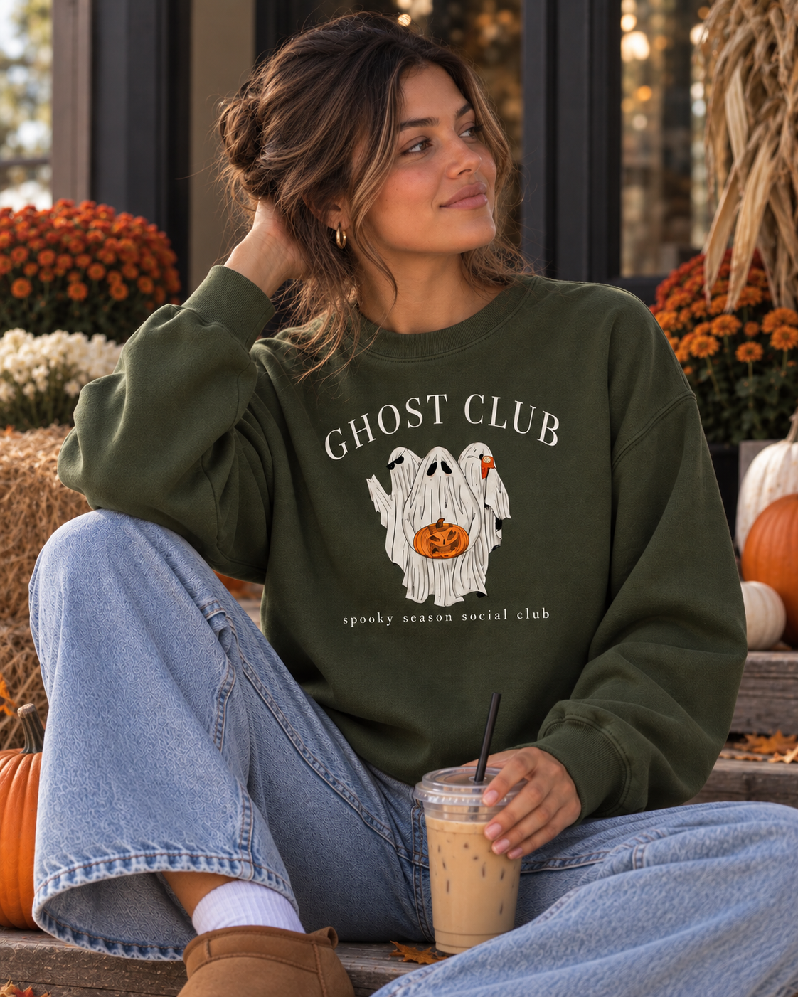 Ghost Club Spooky Season Social Club olive crewneck