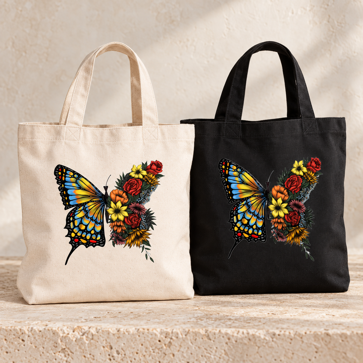 Amor y Moda butterfly floral tote bags in natural and black