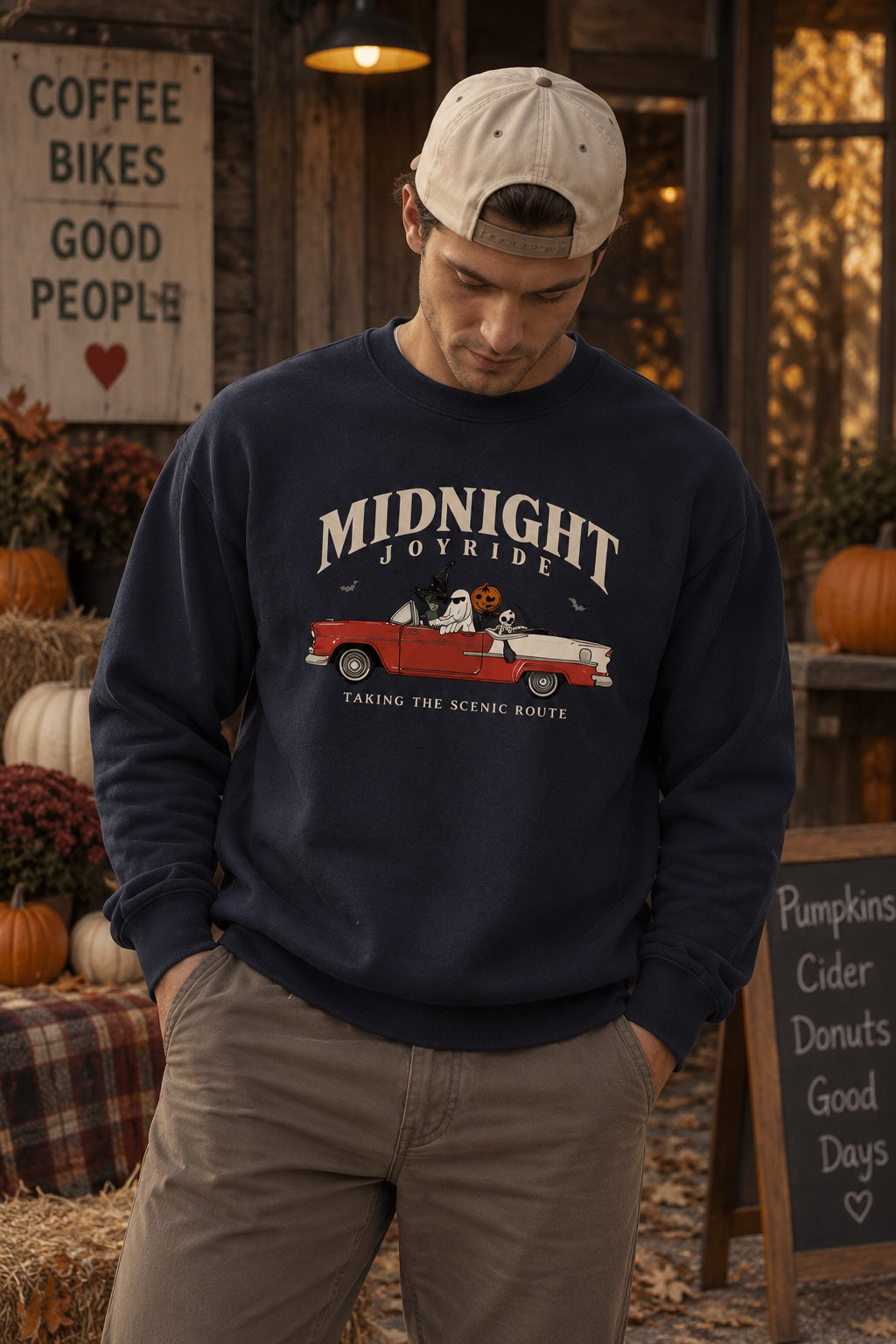 Midnight Joyride navy crewneck men's fall lifestyle mockup