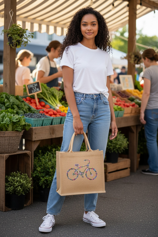 Floral Bicycle burlap bag