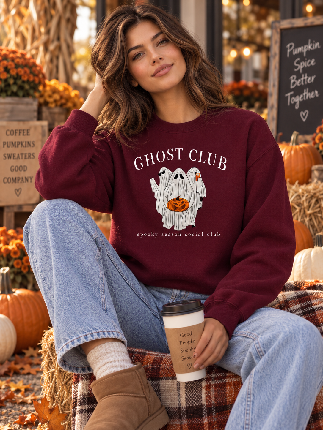 Ghost Club maroon crewneck sweatshirt lifestyle mockup