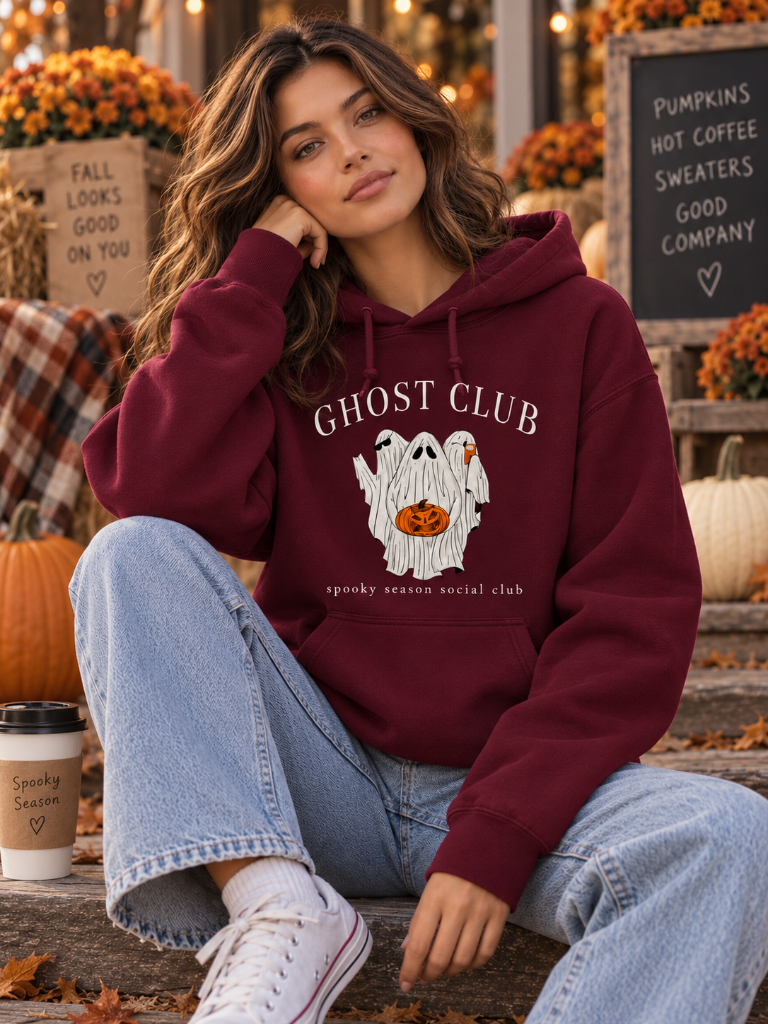 Ghost Club maroon hoodie lifestyle mockup
