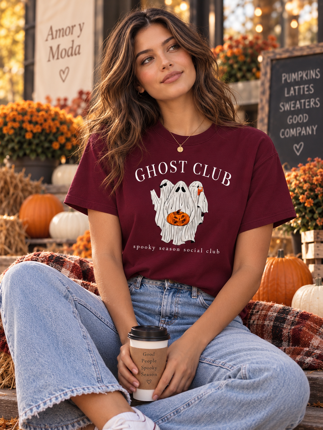 Ghost Club maroon T-shirt lifestyle mockup