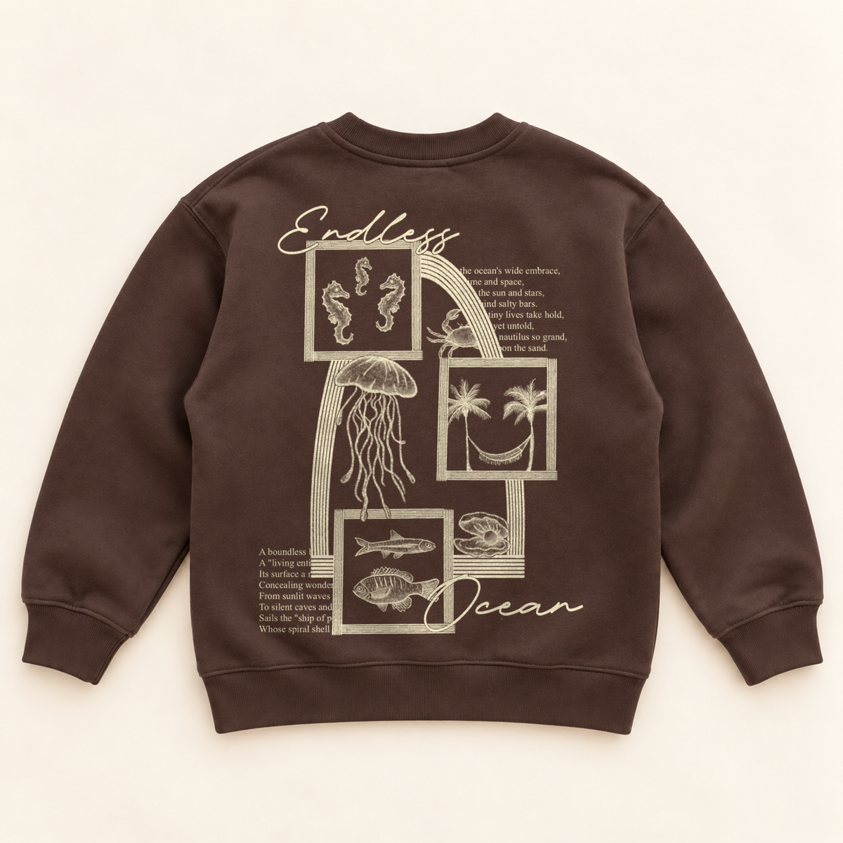 Endless Ocean kids brown crewneck with cream artwork, back view, original artwork