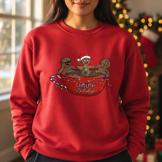 Chilling for the Holidays red sweatshirt artwork detail mockup