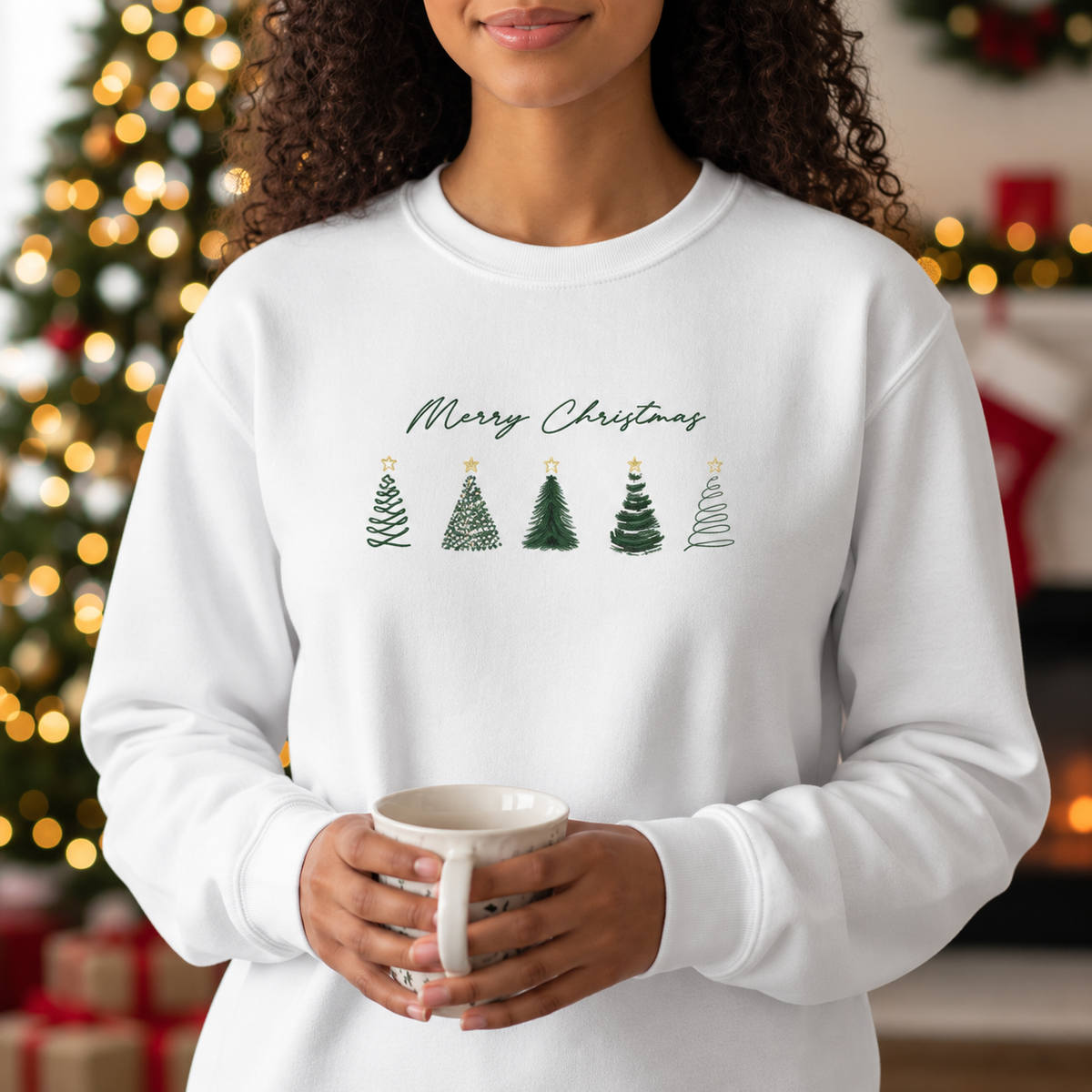 Merry Christmas white sweatshirt five-tree artwork detail mockup