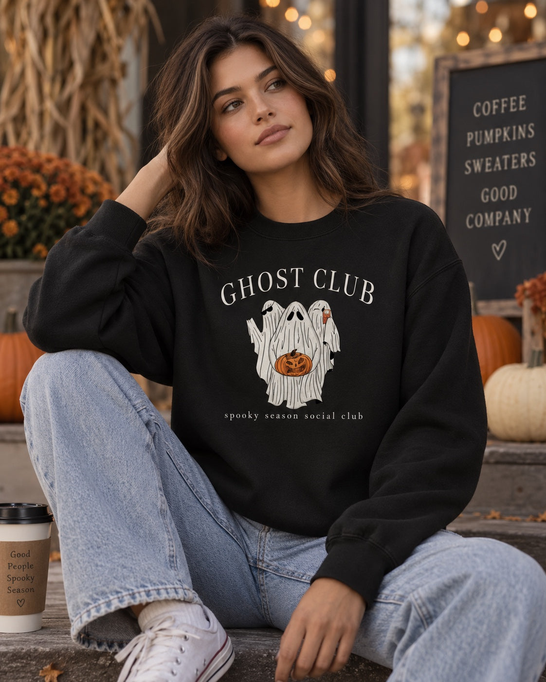 Ghost Club Spooky Season Social Club black crewneck lifestyle mockup