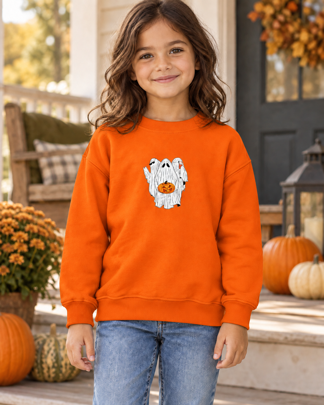 Orange Kids Ghost Halloween Sweatshirt lifestyle mockup
