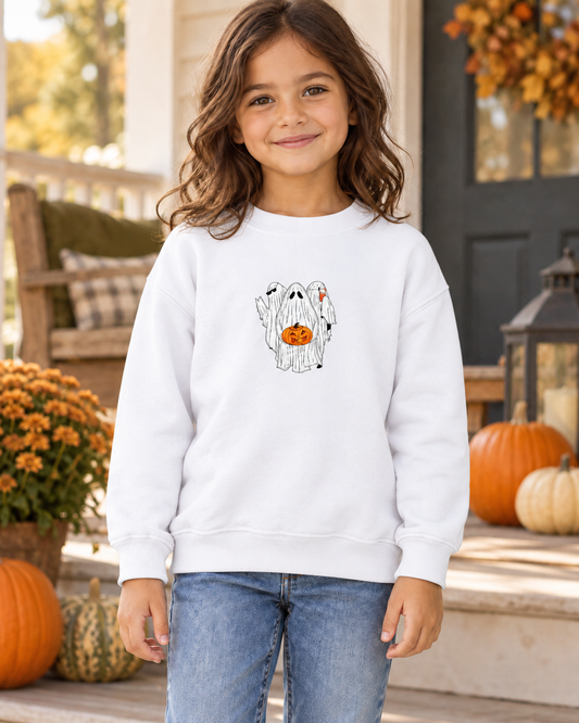 White Kids Ghost Halloween Sweatshirt lifestyle mockup
