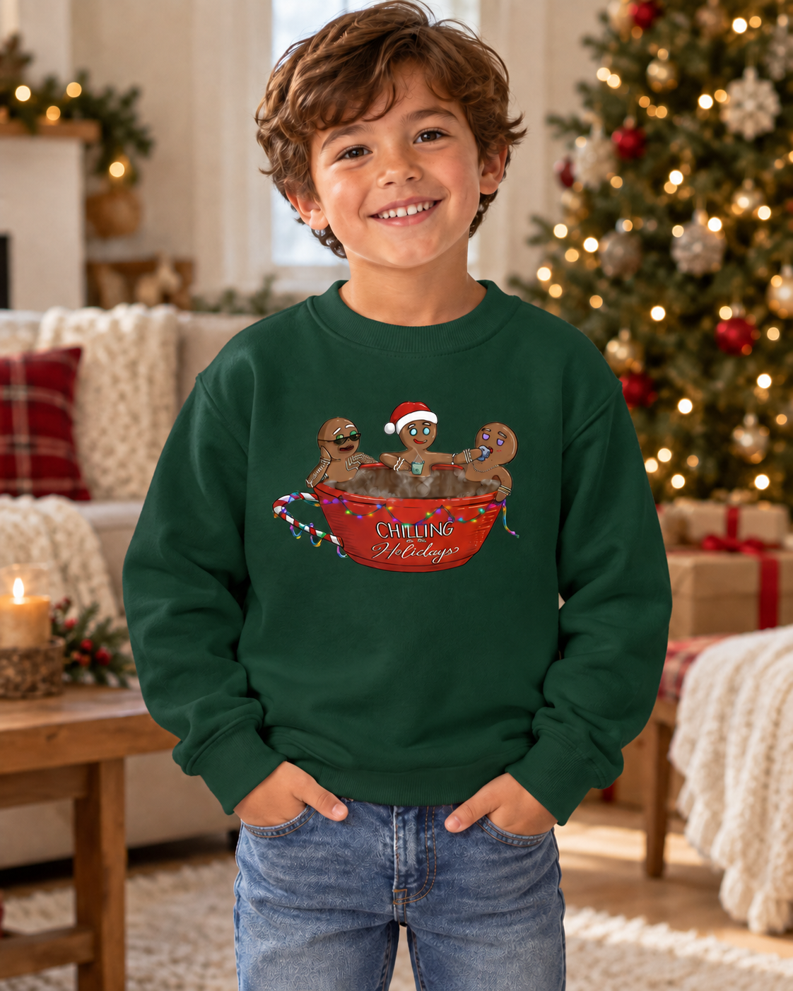Deep forest green Kids Christmas sweatshirt lifestyle mockup