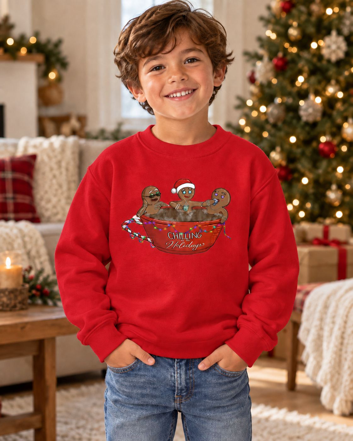 Red Kids Christmas sweatshirt lifestyle mockup