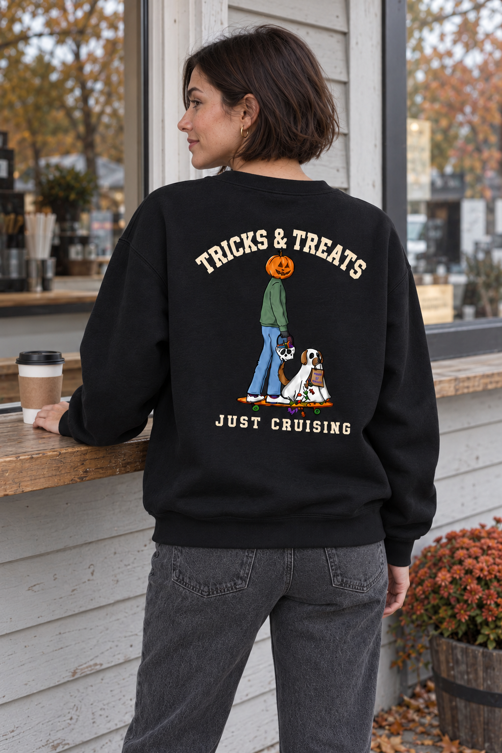 Tricks & Treats Black Crewneck outdoor back view on woman
