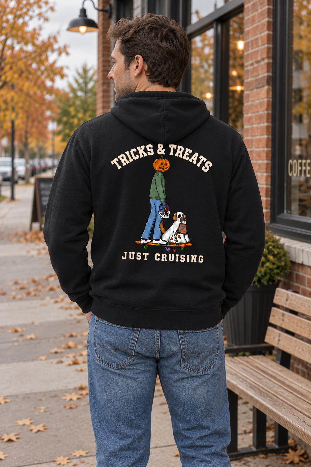 Tricks & Treats Black Hoodie outdoor back view on man