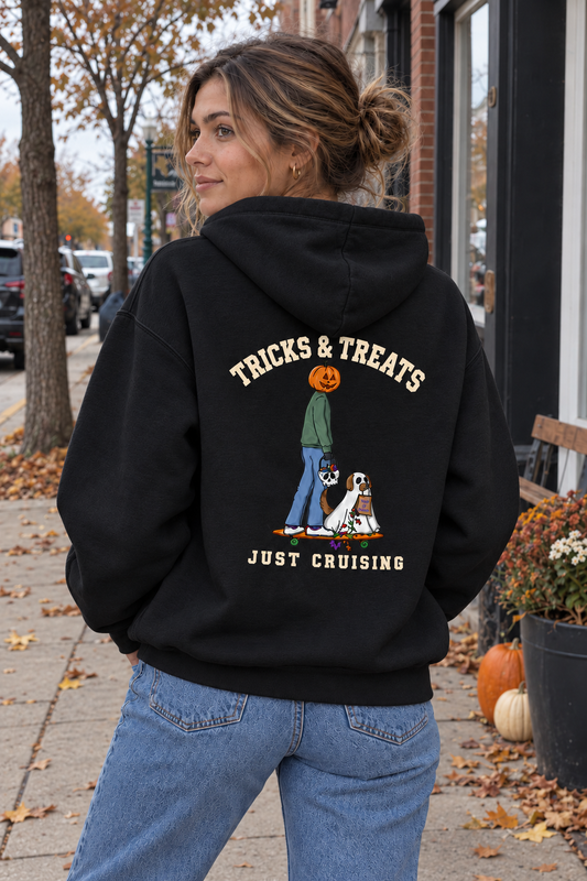 Tricks & Treats Black Hoodie outdoor back view on woman