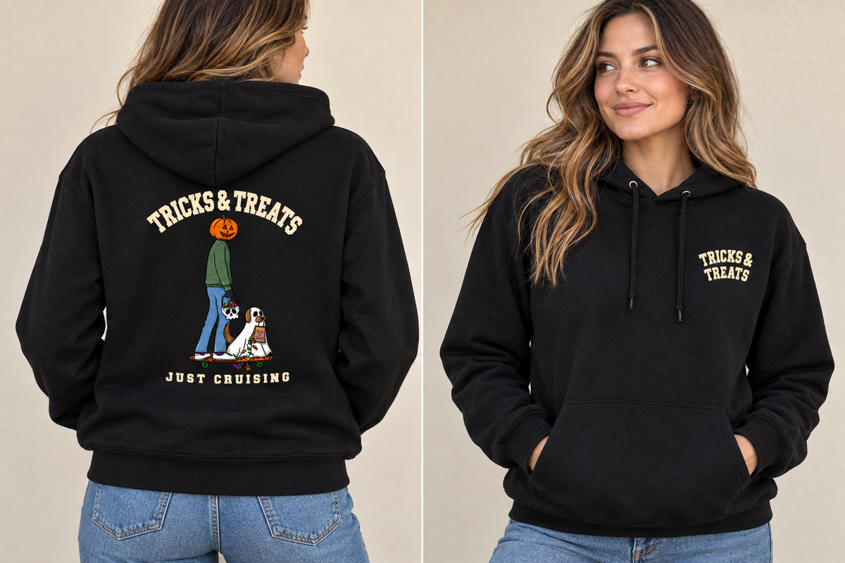 Tricks & Treats Black Hoodie front and back
