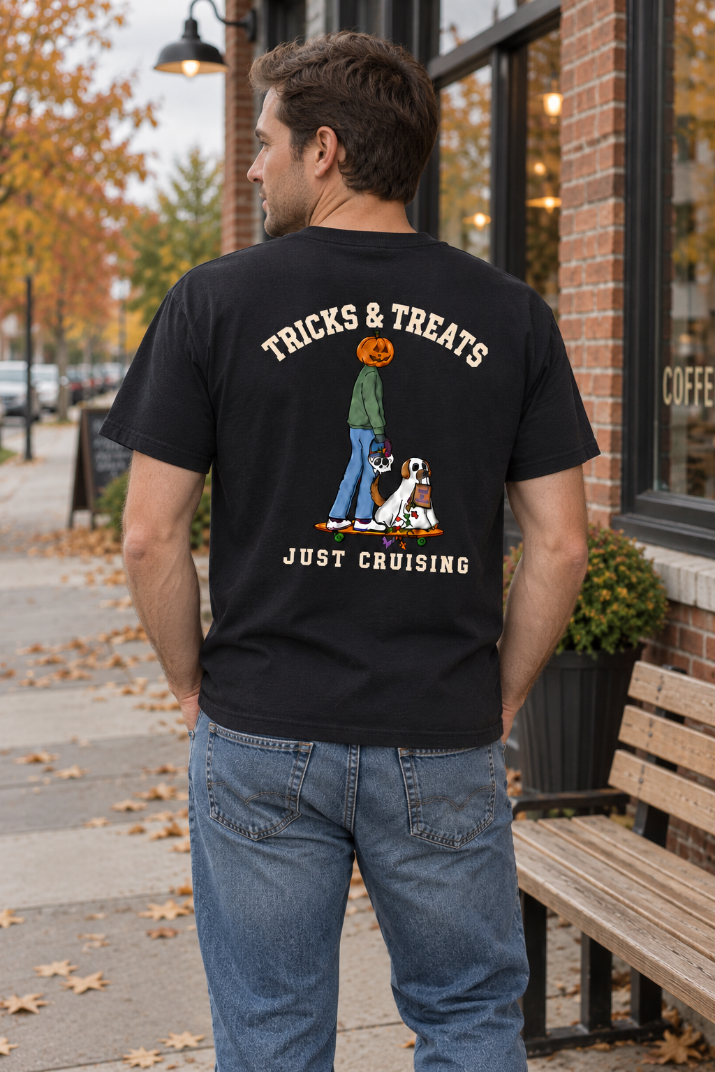 Tricks & Treats Black T-Shirt outdoor back view on man