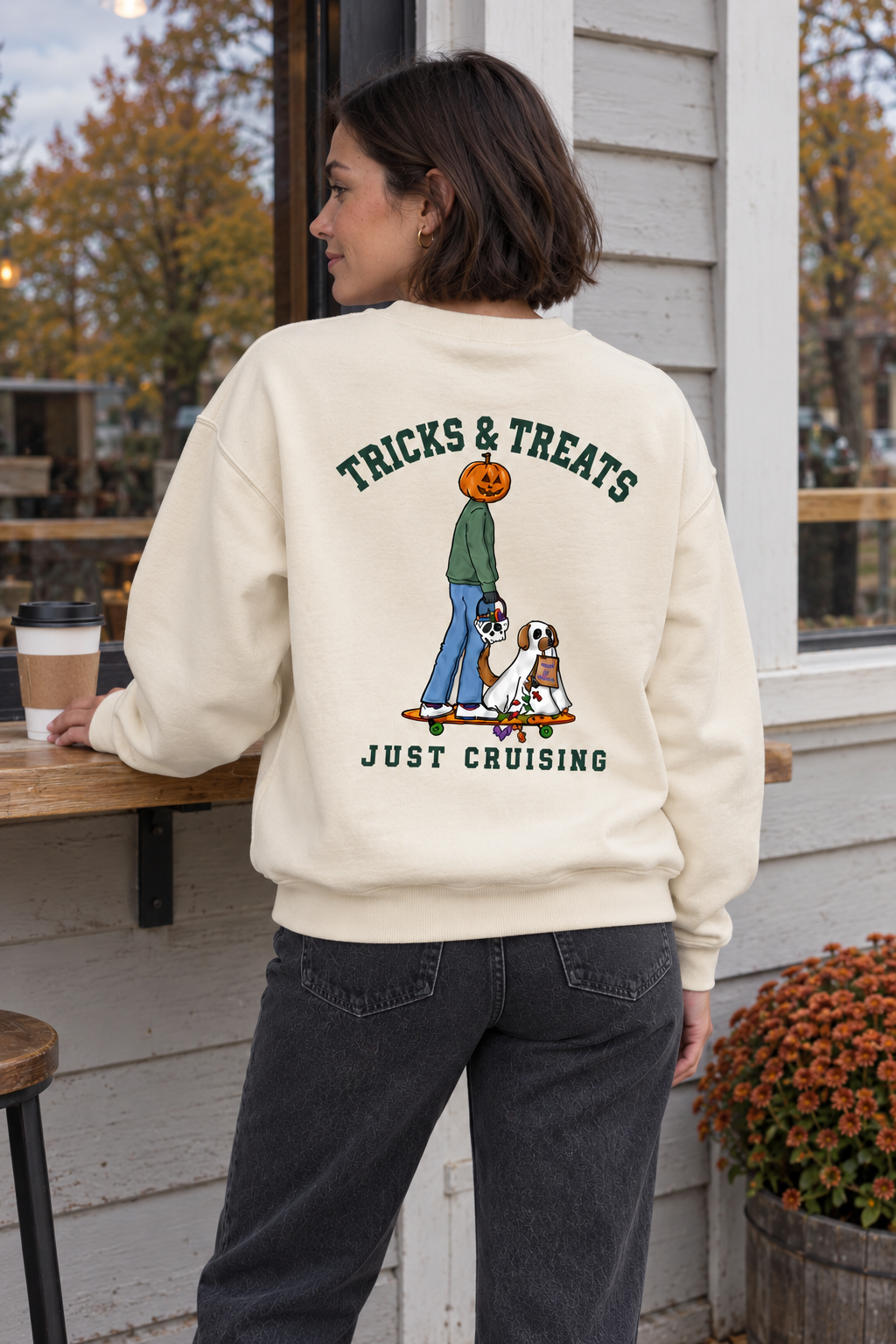 Tricks & Treats Cream Crewneck outdoor back view on woman
