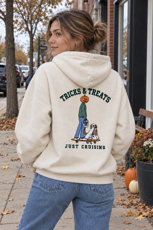 Tricks & Treats Cream Hoodie outdoor back view on woman