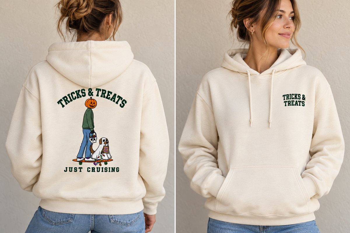 Tricks & Treats Cream Hoodie front and back