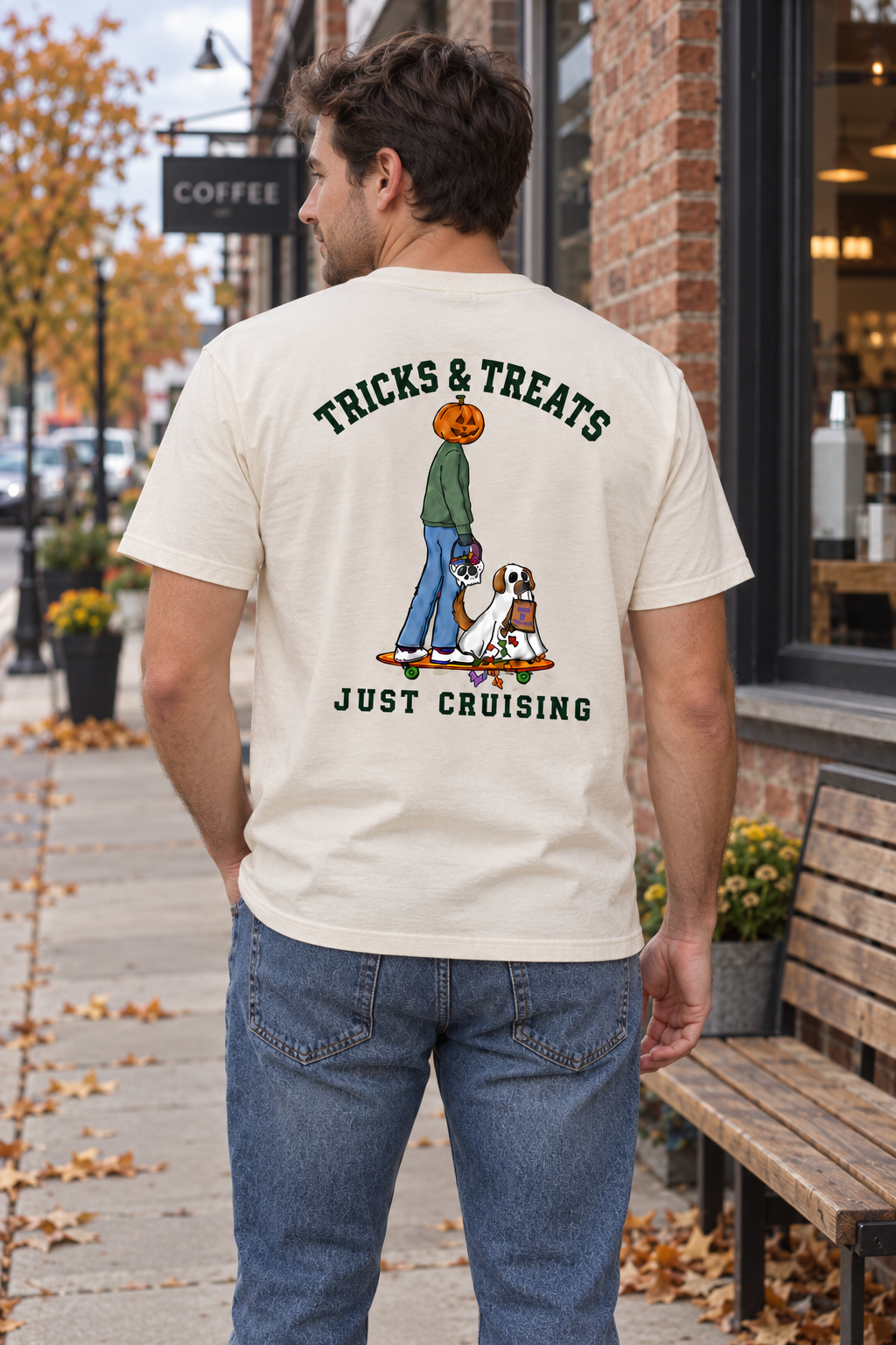 Tricks & Treats Cream T-Shirt outdoor back view on man