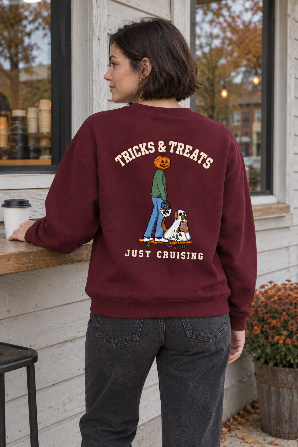 Tricks & Treats Maroon Crewneck outdoor back view on woman