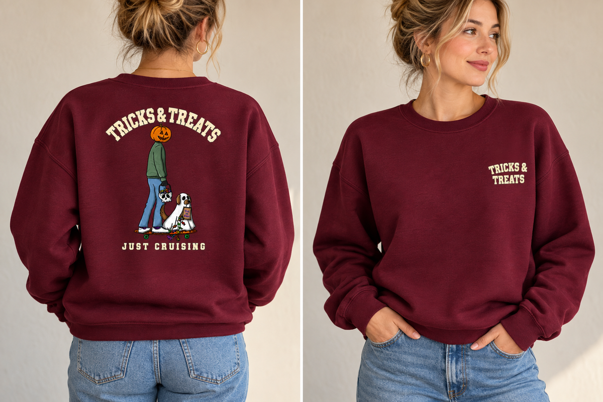 Tricks & Treats Maroon Crewneck front and back