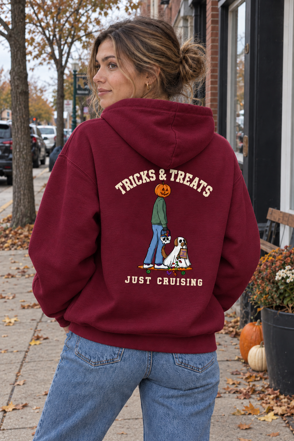 Tricks & Treats Maroon Hoodie outdoor back view on woman