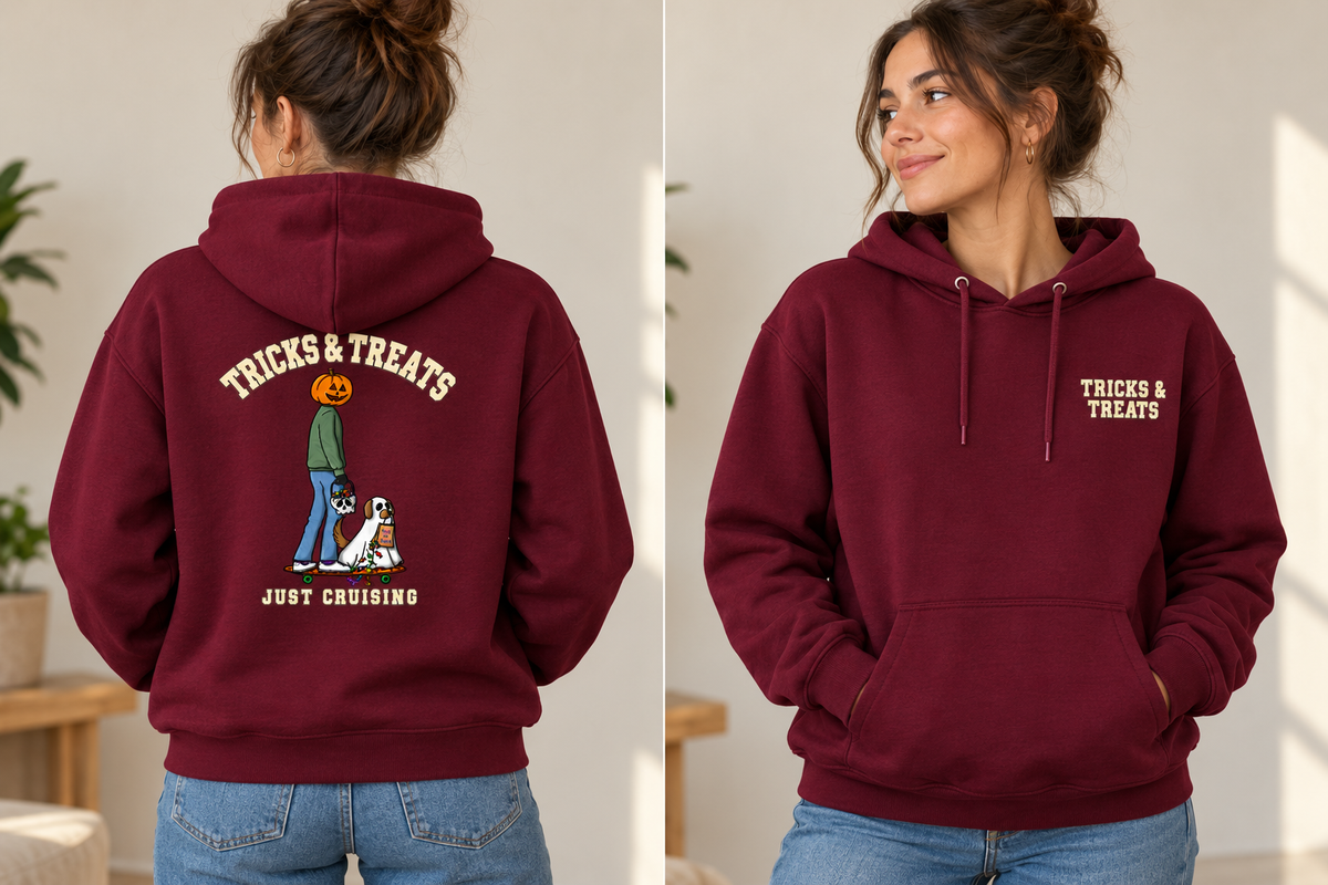 Tricks & Treats Maroon Hoodie front and back