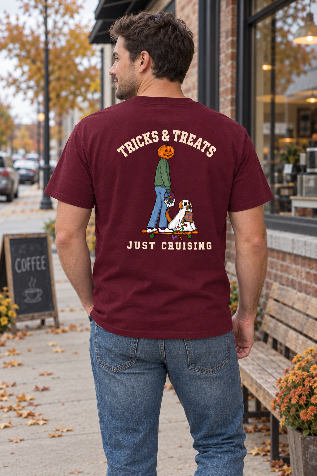 Tricks & Treats Maroon T-Shirt outdoor back view on man