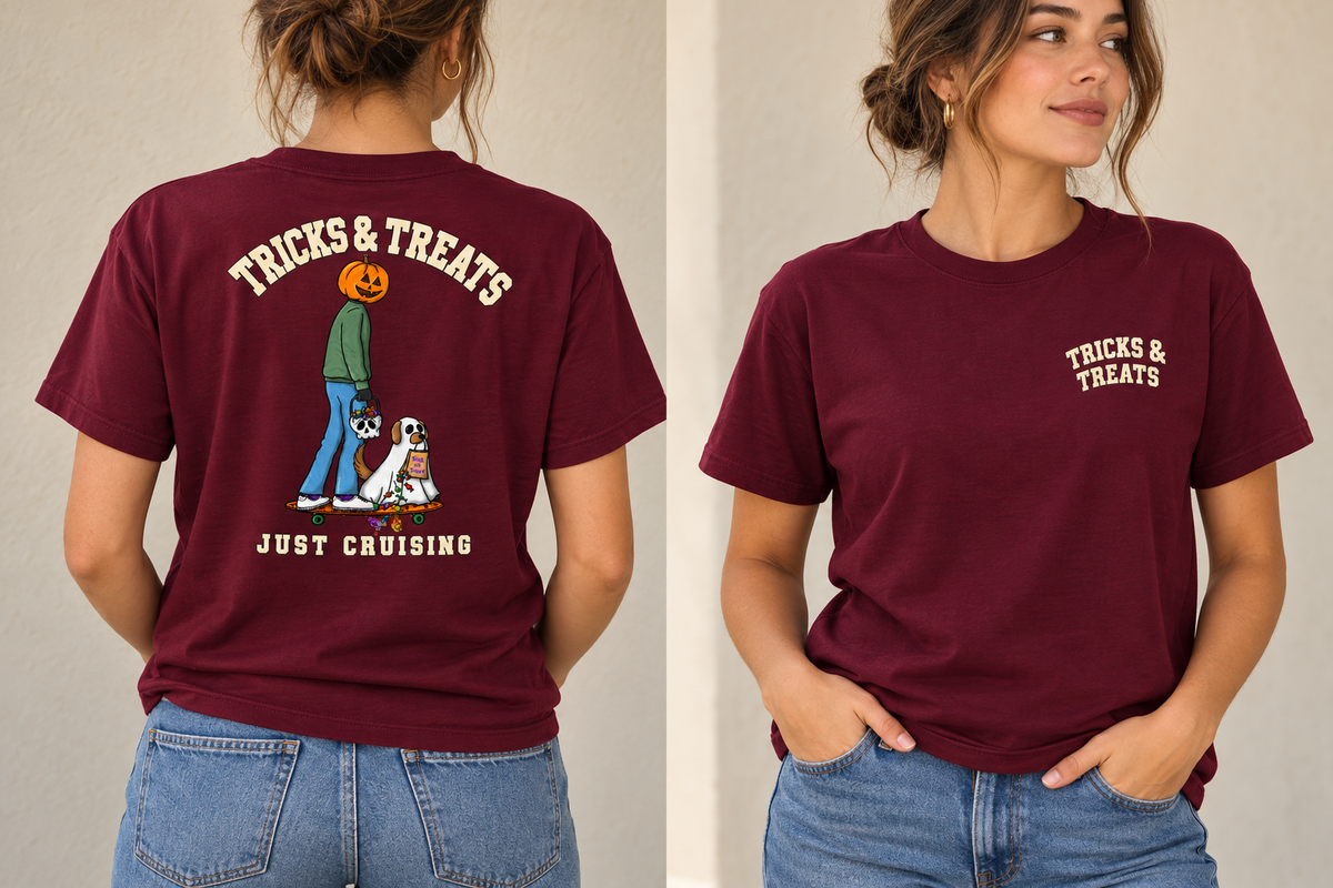 Tricks & Treats Maroon T-Shirt front and back