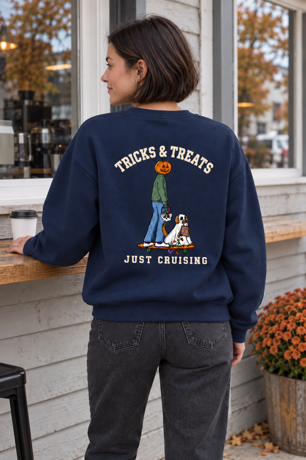 Tricks & Treats Navy Crewneck outdoor back view on woman