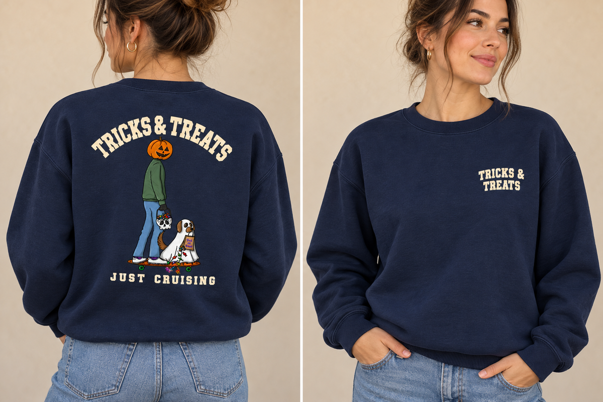 Tricks & Treats Navy Crewneck front and back