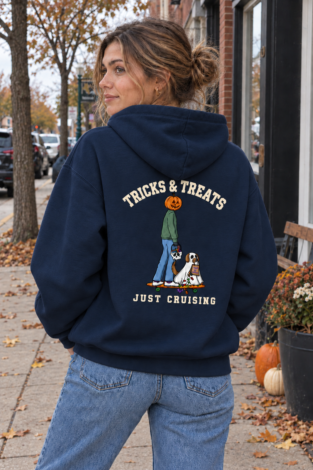 Tricks & Treats Navy Hoodie outdoor back view on woman