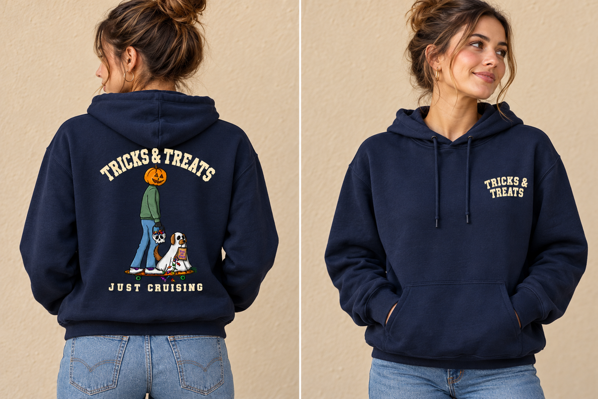 Tricks & Treats Navy Hoodie front and back