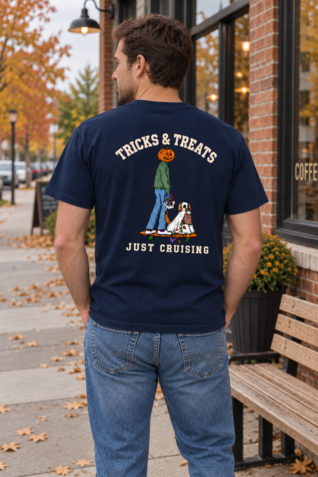 Tricks & Treats Navy T-Shirt outdoor back view on man