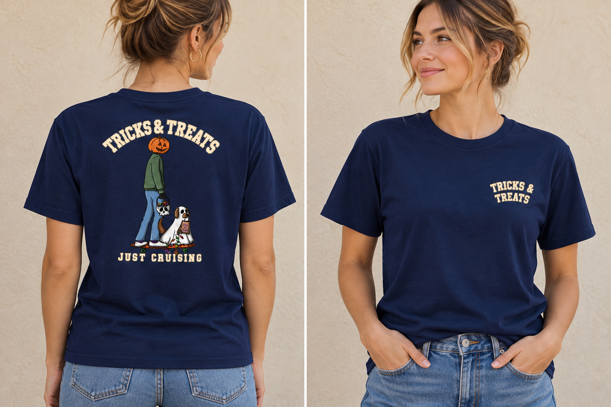 Tricks & Treats Navy T-Shirt front and back