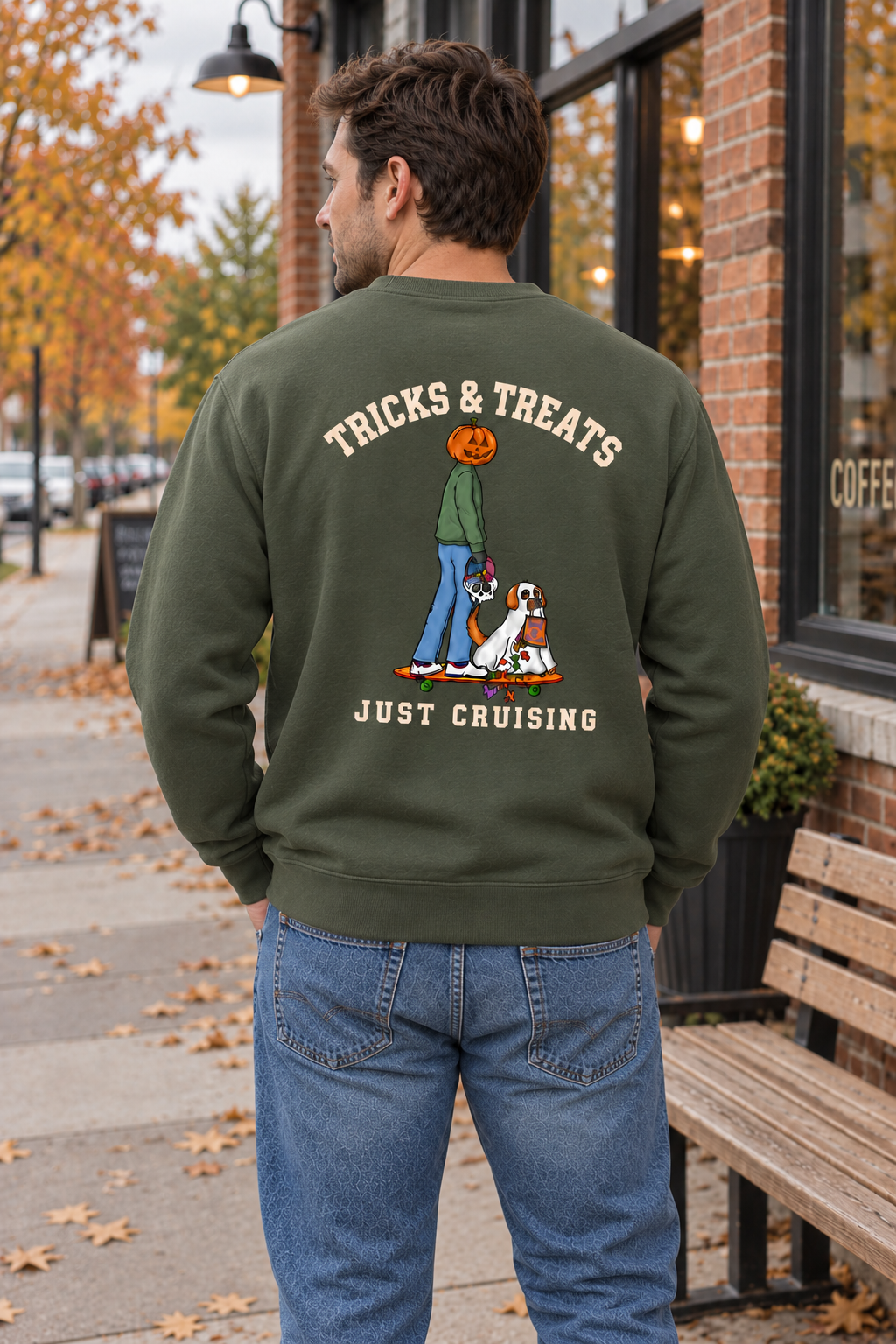 Tricks & Treats Olive Green Crewneck outdoor back view on man