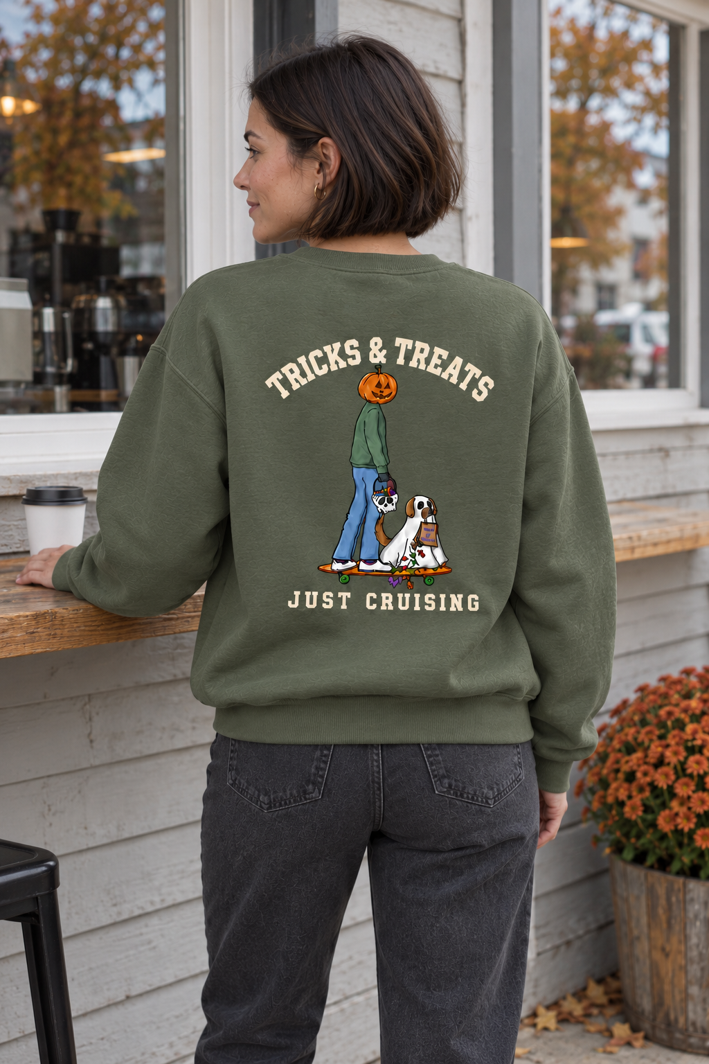 Tricks & Treats Olive Green Crewneck outdoor back view on woman