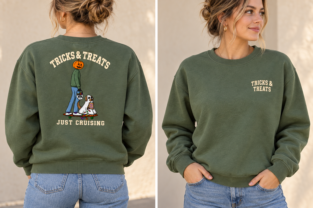 Tricks & Treats Olive Green Crewneck front and back