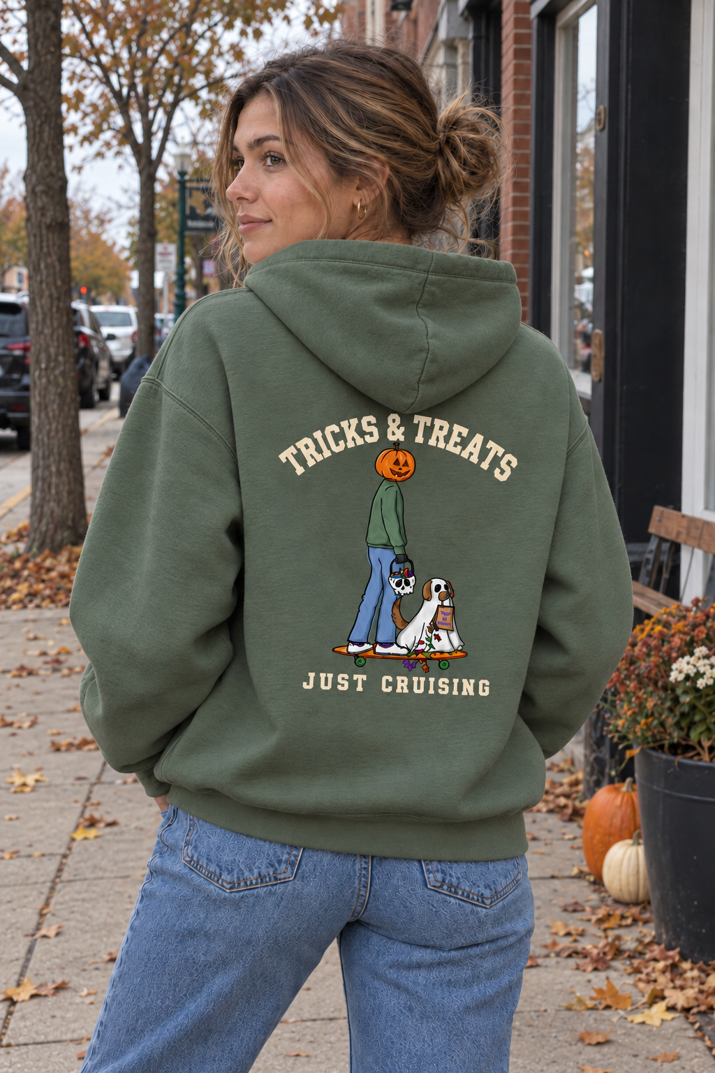 Tricks & Treats Olive Green Hoodie outdoor back view on woman