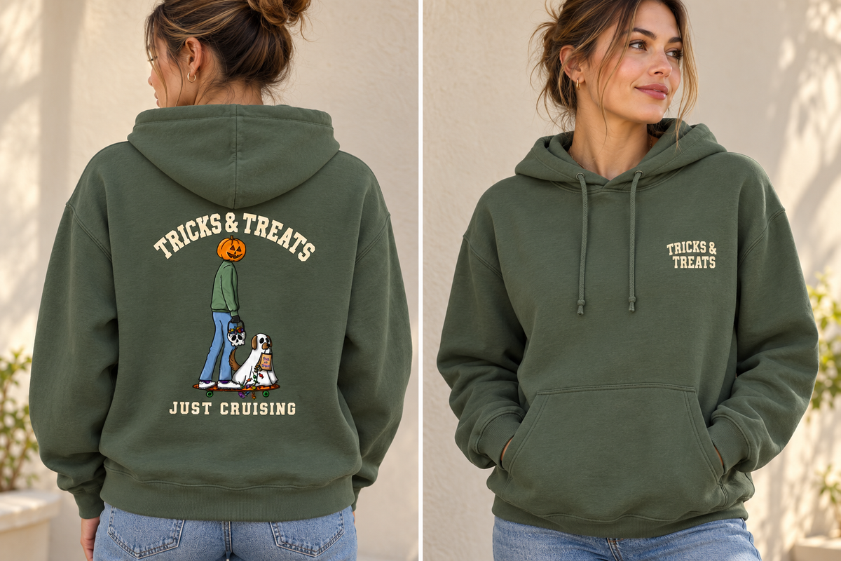 Tricks & Treats Olive Green Hoodie front and back