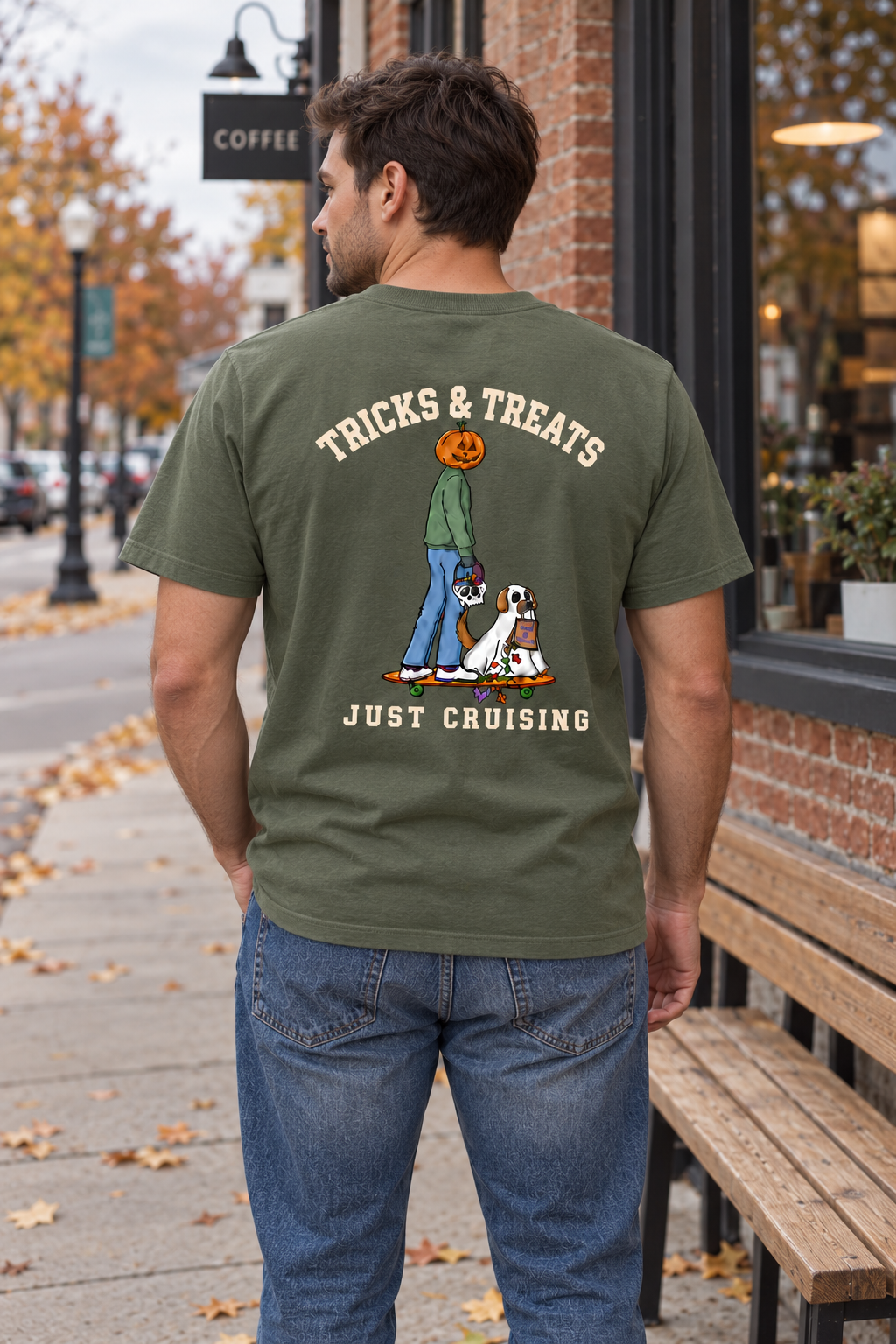 Tricks & Treats Olive Green T-Shirt outdoor back view on man
