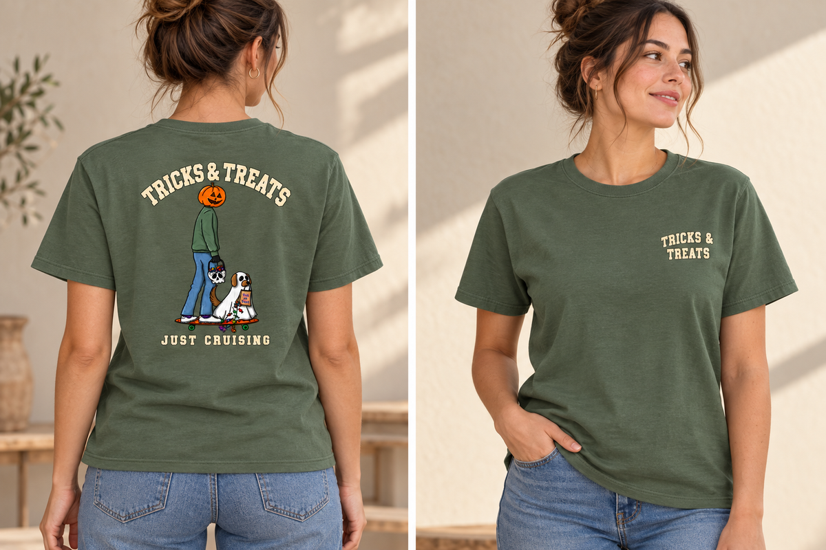 Tricks & Treats Olive Green T-Shirt front and back